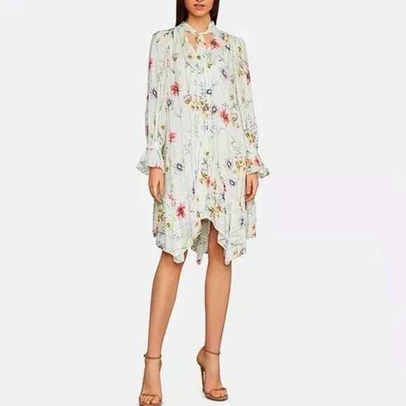 BCBGMAXAZRIA White Botanical Floral Print Tie Neck Mini Shift Dress Sz S - Picture 1 of 12
